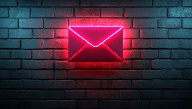 Glowing neon envelope on brick wall.