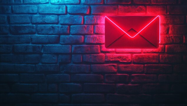 Red neon email envelope sign on a brick wall.