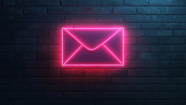 Pink neon envelope icon on brick wall.