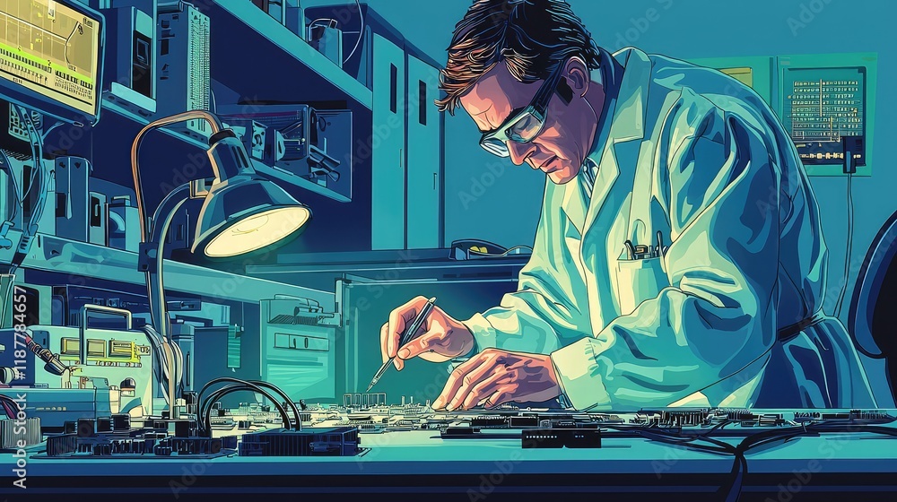 Poster technician working on electronic circuit board in laboratory setting