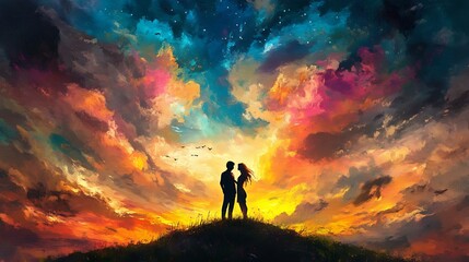 Fototapeta premium Romantic couple standing on a hill, silhouetted by a vibrant sunset sky