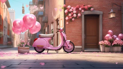 Fototapete Rund Pink scooter with balloons in romantic cobblestone alleyway © Atmospheric stock