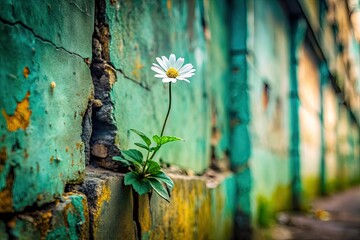 Solitary white blossom, tenacious green stem, thrives amidst decaying urban decay.