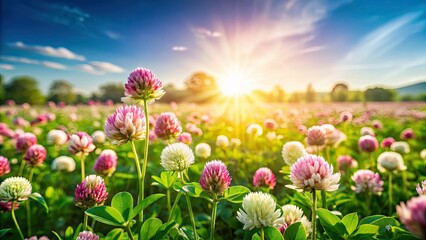 Obraz premium Spring's embrace: lush clover fields, white space, nature's artistry blooms in botanical elegance.