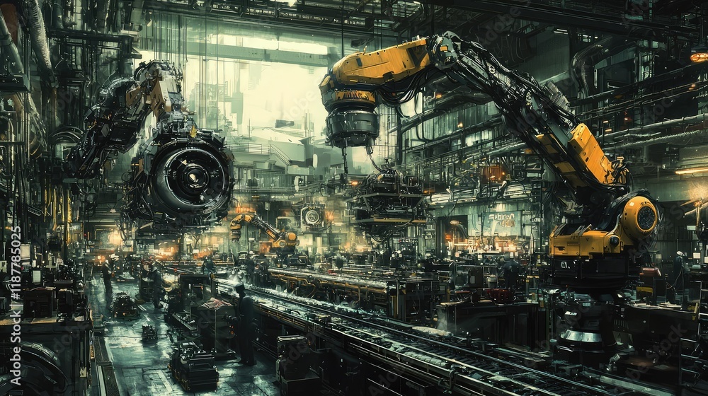 Poster advanced industrial automation with robotic arms in factory setting