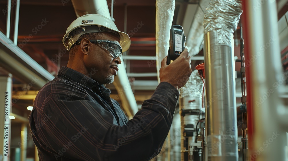 Poster technician using device for equipment checks in industrial setting