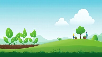 Obraz premium Two Farmers Cultivating Plants in a Vibrant Green Landscape Under a Clear Blue Sky with Lush Vegetation and Gentle Hills in the Background