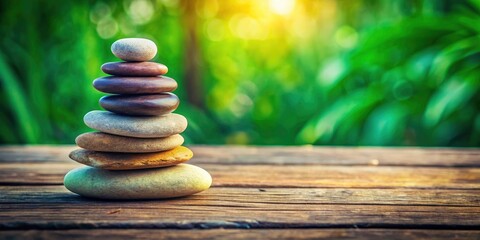 Obraz premium Tranquil Stacked Stones on a Wooden Board for Calmness and Serenity in Nature, Perfect for Meditation and Relaxation Themes, Soft Background, and Peaceful Vibes