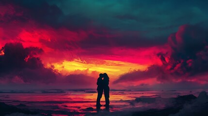 Fototapeta premium Silhouette of a couple hugging on a beach with vibrant sunset colors in the sky