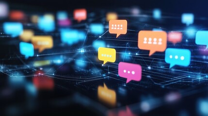 Fototapeta premium Colorful speech bubbles connected by digital network lines.