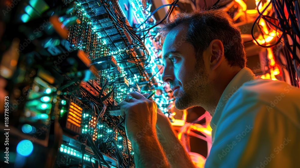 Poster technician working on complex server wires and colorful lights