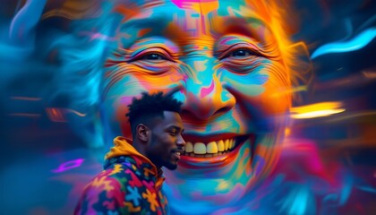 Fototapeta premium Vibrant Portrait: Man and Joyful Abstract Face in Neon Hues