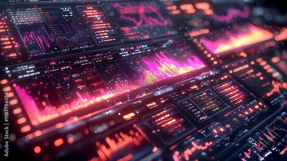 Aufkleber abstract futuristic business data visualization: stock market trading charts and graphs, neon pink a