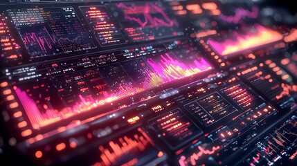 Obraz premium Abstract Futuristic Business Data Visualization: Stock Market Trading Charts and Graphs, Neon Pink and Red Digital Analytics Dashboard