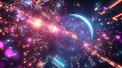 Futuristic digital sphere with vibrant neon light trails and particles.