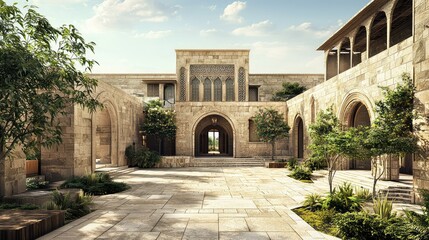 Serene Courtyard Design with Natural Elements and Stone Architecture