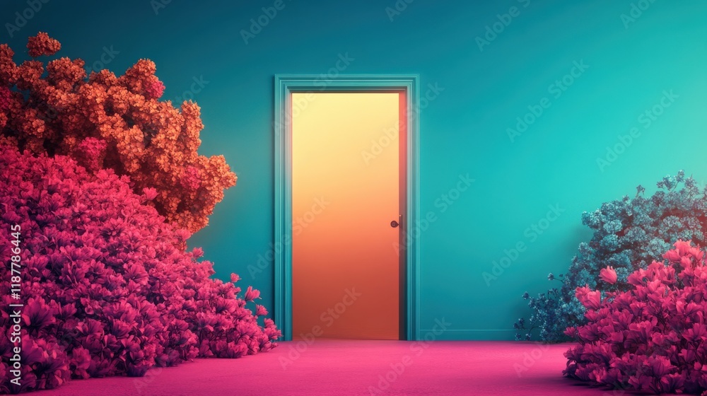 Poster surreal scene of vibrant flora framing an open doorway with an enigmatic light, creating an otherwor