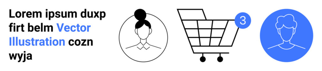 Shopping cart with a notification badge of three, two user avatars, text placeholder Lorem ipsum. Ideal for e-commerce platforms, user profiles, notifications, shopping, vector graphics, web