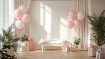 Elegant room decor with pink balloons, white bench, and wrapped gifts
