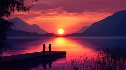 Fototapeta premium Silhouette of two people standing on a dock, watching the sunset over a calm lake