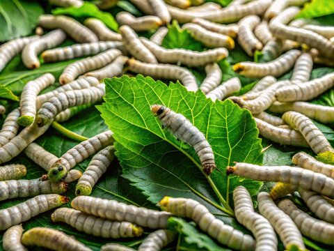 Up close, silkworms feast on mulberry leaves, their sustenance fueling silk production in a thriving sericulture farm.
