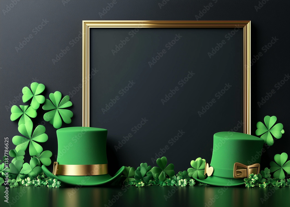 Poster 3d rendering of a st. patrick's day frame with clovers and green hats on a dark background. stock ph