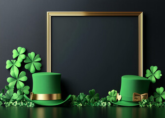 3D rendering of a St. Patrick's Day frame with clovers and green hats on a dark background. Stock photo contest winner, gold square picture frames, green hat decoration