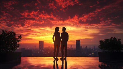 Fototapeta premium Silhouetted couple on a rooftop, gazing at a stunning sunset skyline