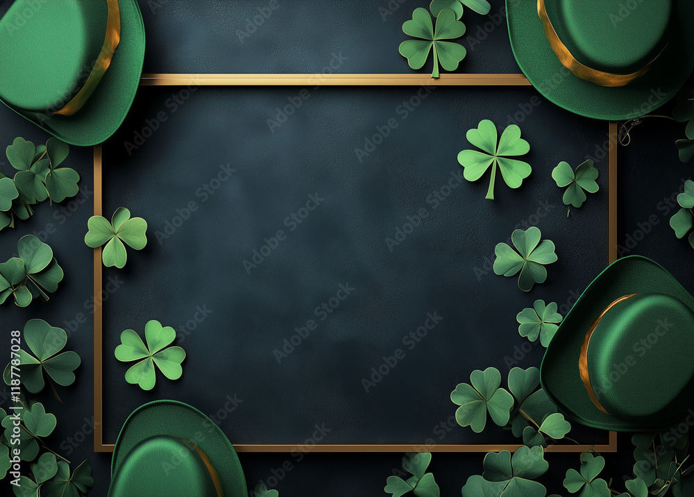 Aufkleber 3d rendering of a st. patrick's day frame with clovers and green hats on a dark background. stock ph