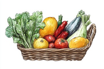 Farm-fresh produce basket, vibrant vegetables, white background, recipe illustration