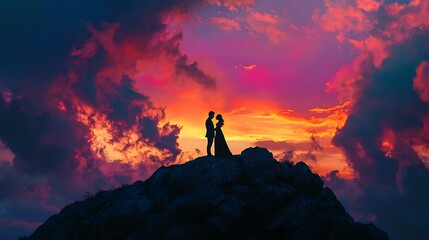 Silhouetted couple standing on a mountain ridge with a sunset sky backdrop