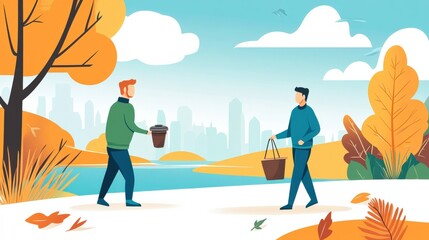 Obraz premium Two Men Enjoying Autumn Walk in a Colorful Park Surrounded by Trees and a Serene Lake Under a Bright Sky with Modern City Skyline in the Background