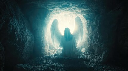 Ethereal Angel Illuminates Dark Cave with Radiant Light Source
