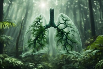 A lung model made from parts of rainforest plants. Concept of protecting environment for healthy life.