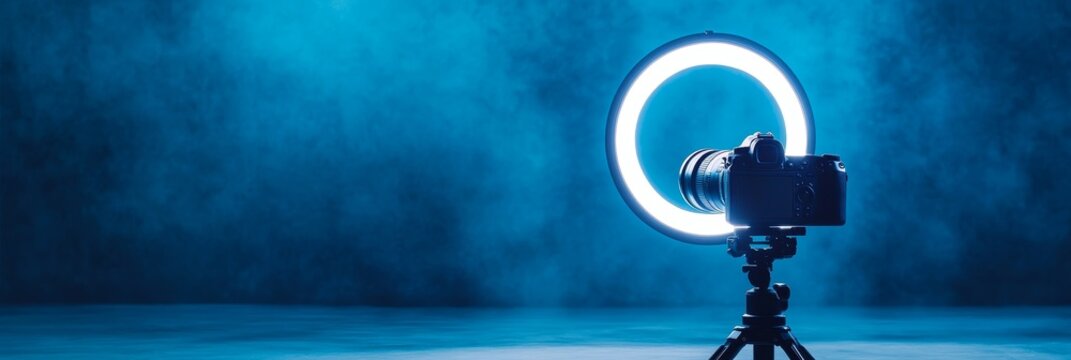Camera Setup with Ring Light for Photography - Professional photography setup, showcasing a DSLR camera with a ring light, perfect for studio or product shots. Symbolizing creativity, innovation, ligh