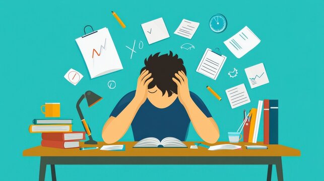 Student Overwhelmed by Study Material and Stress while Preparing for Exams Surrounded by Books, Notes, and Documentation on a Desk