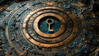 Obraz premium 3D Illustration-Golden Key, Clockwork Mechanism, Time, Mystery, Technology