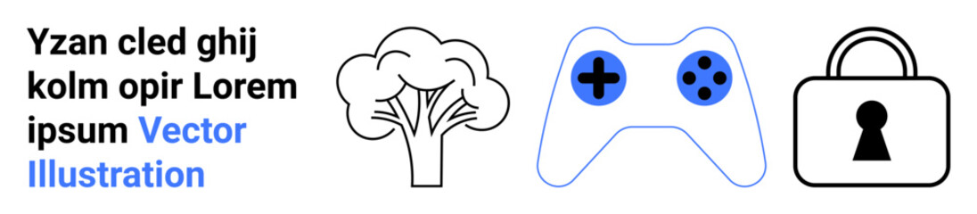 Tree, game controller, and lock symbol with placeholder text. Ideal for technology, security, nature themes, digital media, website design presentations and educational materials. Landing page