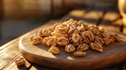 Obraz premium Walnuts on wooden board, sunset, outdoor. Food photography, healthy snack
