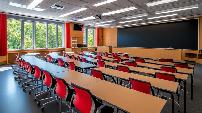 Modern classroom with red chairs and large blackboard in daylight