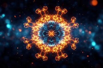 Obraz premium Animated glowing hmpv and covid virus particles forming symmetrical kaleidoscope pattern, looping abstract design