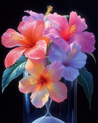 Vibrant hibiscus flowers in glass vase.