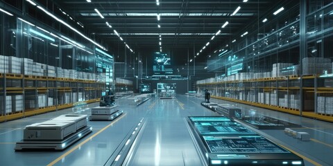 This warehouse boasts a sleek design, movable robotic shelves, and advanced digital displays showing inventory information.