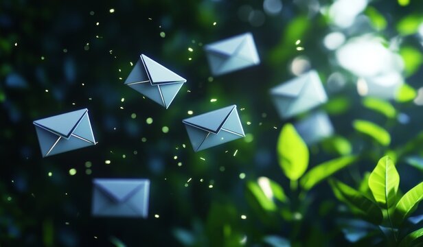 Floating email icons in a lush green environment.