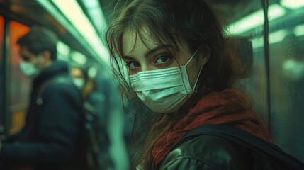 Public transportation during the pandemic, masked passengers, social distancing stickers, hyper realistic
