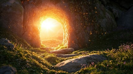 Obraz premium Enchanted Entrance to a Sunlit Cave Surrounded by Nature's Beauty