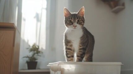 Curious tabby cat standing on a container in sunlit room interior