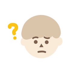 Confused child boy head with question mark. Facial expression, feeling, trouble, solution concepts. Flat character vector design isolated illustration.