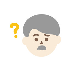 Confused elder man head with question mark. Facial expression, feeling, trouble, solution concepts. Flat character vector design isolated illustration.