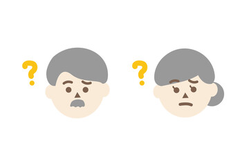 Confused elder man and woman head with question mark. Facial expression, feeling, trouble, solution concepts. Flat people character vector design isolated illustration.
